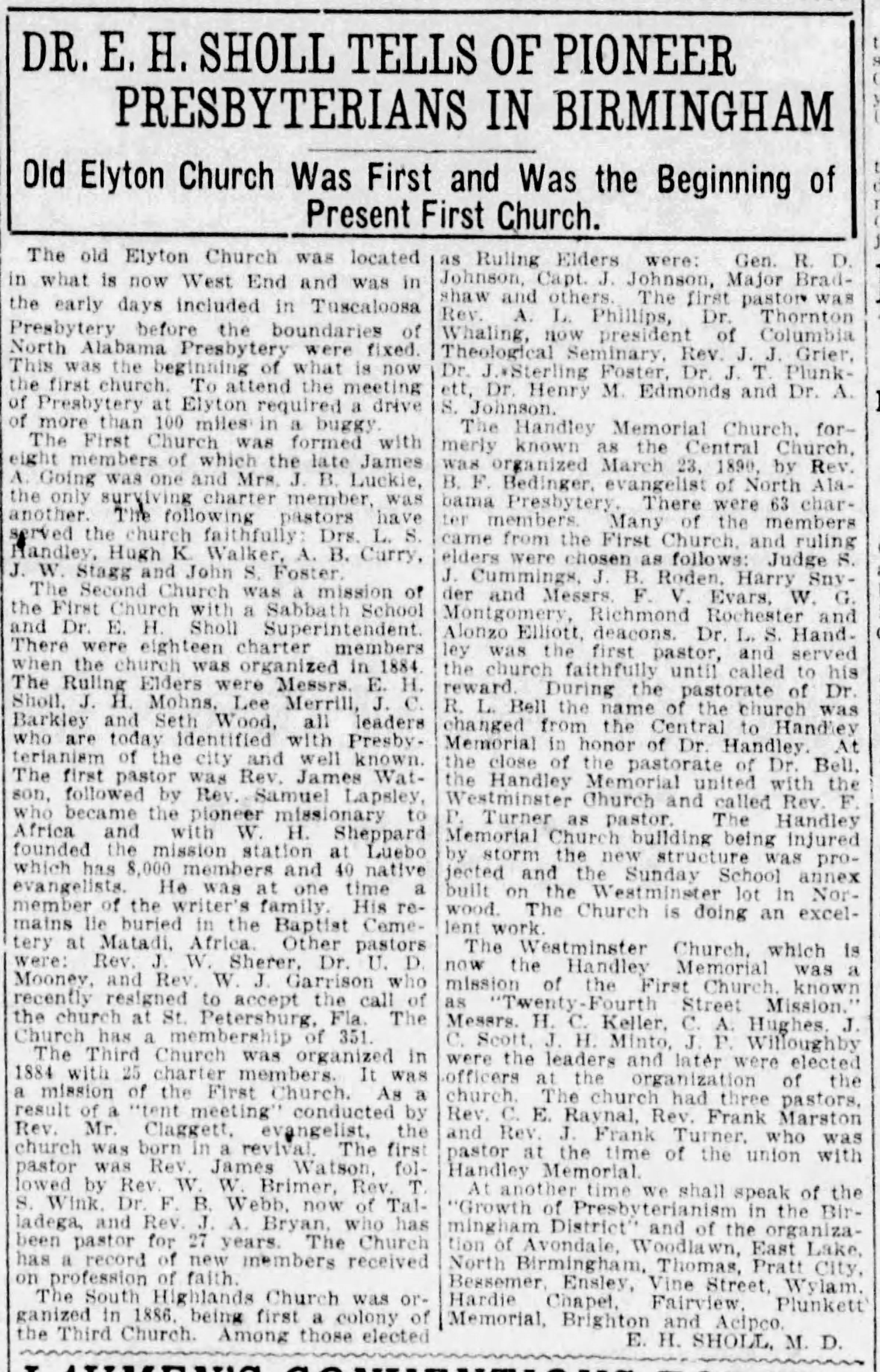 Dr. E.H. Sholl Tells of Pioneer Presbyterians in Birmingham
